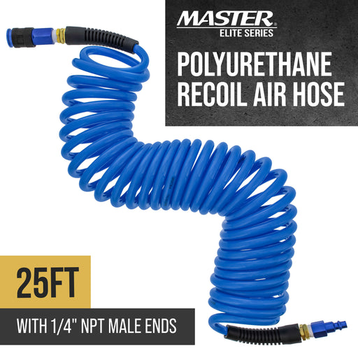 Master Elite Series 1/4" x 25' Polyurethane Recoil Air Hose with Bend Restrictors and 1/4" NPT Male Fitting Ends, Universal Aluminum Coupler, I/M Plug