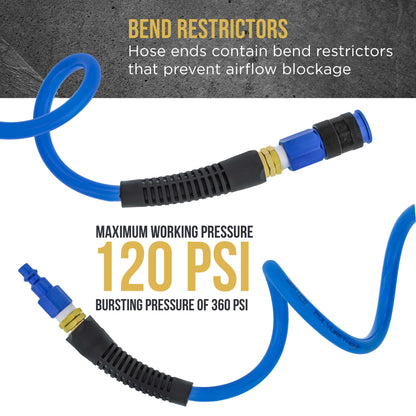 Series 1/4" x 25' Polyurethane Recoil Air Hose with Bend Restrictors and 1/4" NPT Male Fitting Ends, Universal Aluminum Coupler, I/M Plug