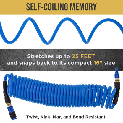 Series 1/4" x 25' Polyurethane Recoil Air Hose with Bend Restrictors and 1/4" NPT Male Fitting Ends, Universal Aluminum Coupler, I/M Plug