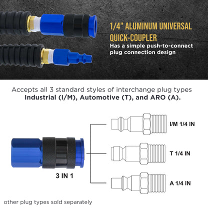 Series 1/4" x 25' Polyurethane Recoil Air Hose with Bend Restrictors and 1/4" NPT Male Fitting Ends, Universal Aluminum Coupler, I/M Plug