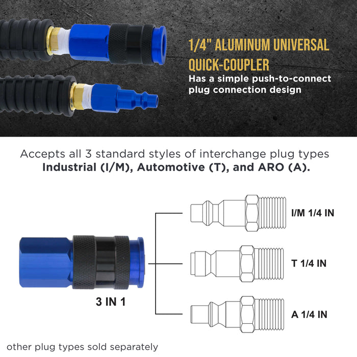 Master Elite Series 1/4" x 25' Polyurethane Recoil Air Hose with Bend Restrictors and 1/4" NPT Male Fitting Ends, Universal Aluminum Coupler, I/M Plug