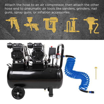 Series 1/4" x 25' Polyurethane Recoil Air Hose with Bend Restrictors and 1/4" NPT Male Fitting Ends, Universal Aluminum Coupler, I/M Plug