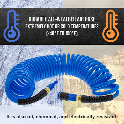 Series 1/4" x 25' Polyurethane Recoil Air Hose with Bend Restrictors and 1/4" NPT Male Fitting Ends, Universal Aluminum Coupler, I/M Plug