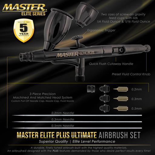 Master Elite Plus Ultimate Airbrush Set, Model 120 - Elite Level Spray Performance Dual-Action Gravity Feed Airbrush Kit, 0.2, 0.3 and 0.5 mm Tips