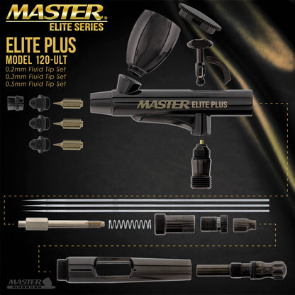 Plus Ultimate Airbrush Set, Model 120 - Elite Level Spray Performance Dual-Action Gravity Feed Airbrush Kit, 0.2, 0.3 and 0.5 mm Tips