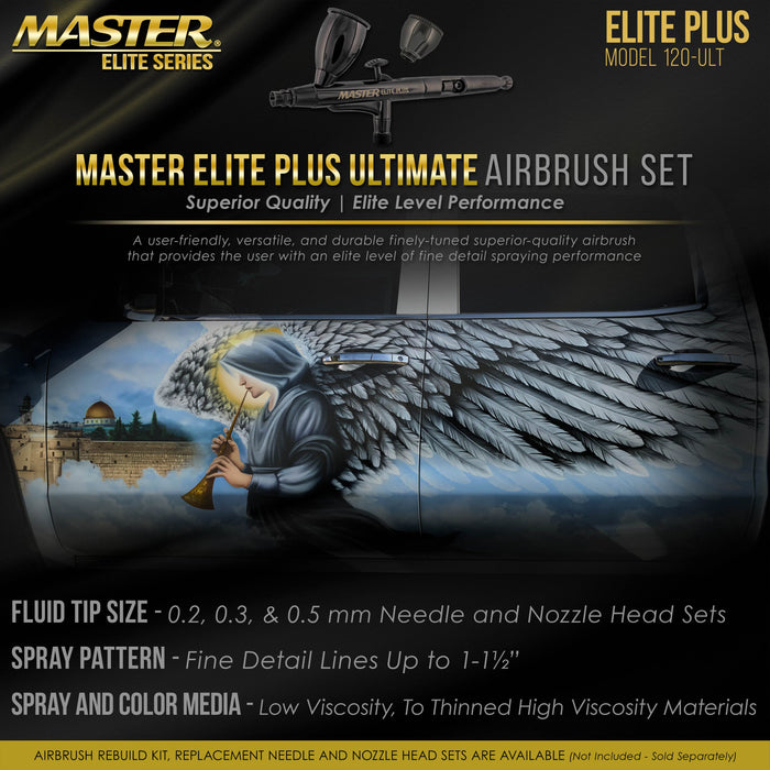 Master Elite Plus Ultimate Airbrush Set, Model 120 - Elite Level Spray Performance Dual-Action Gravity Feed Airbrush Kit, 0.2, 0.3 and 0.5 mm Tips, Case