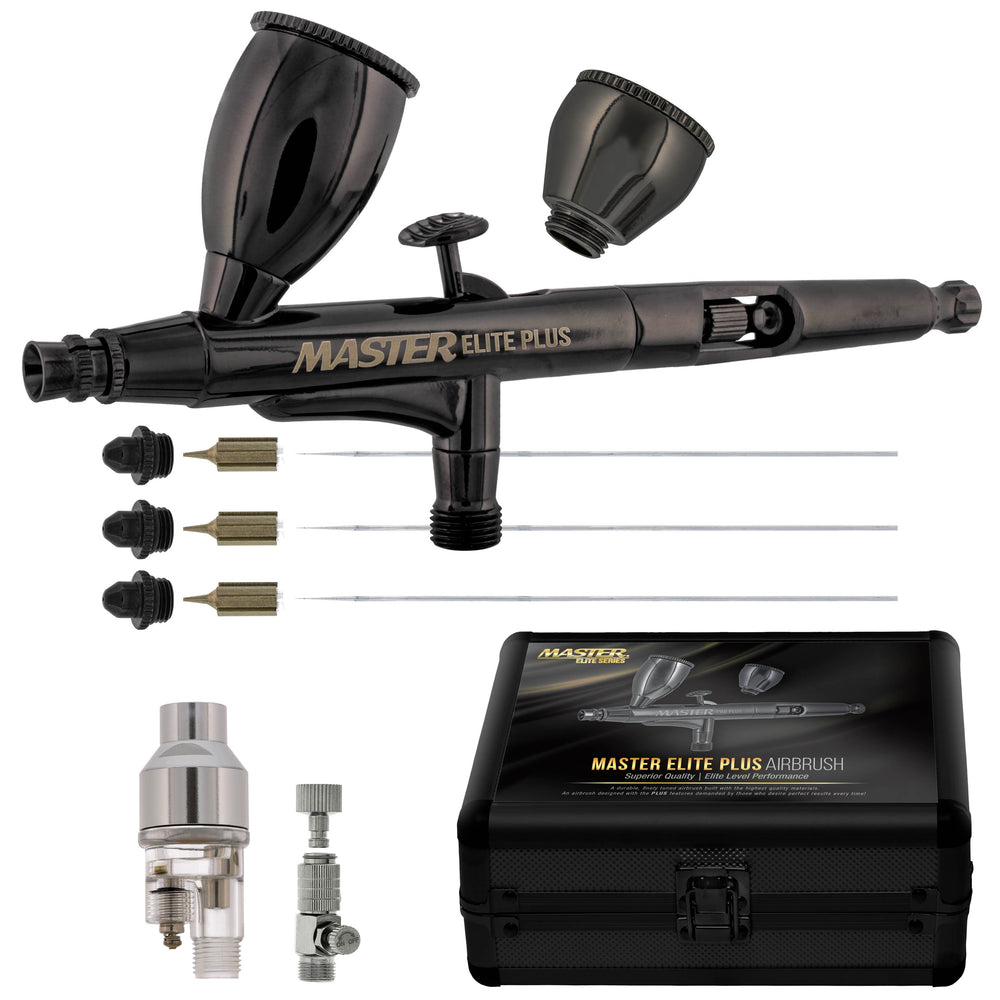 Master Elite Plus Ultimate Airbrush Set, Model 120 - Elite Level Spray Performance Dual-Action Gravity Feed Airbrush Kit, 0.2, 0.3 and 0.5 mm Tips