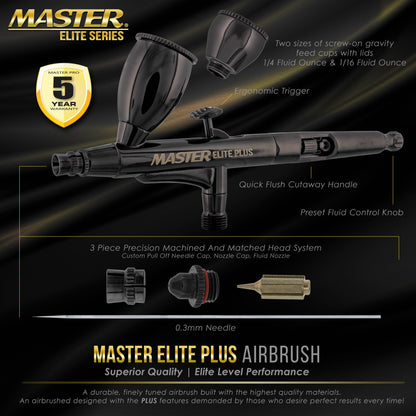Plus Airbrush Set - Elite Level Performance Dual-Action Gravity Feed Airbrush Kit with Case, 0.3mm Tip, 2 Cups, Filter - Auto, Art, Hobby