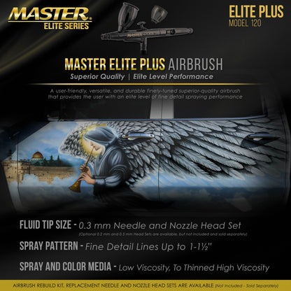 Plus Airbrush Set - Elite Level Performance Dual-Action Gravity Feed Airbrush Kit with Case, 0.3mm Tip, 2 Cups, Filter - Auto, Art, Hobby