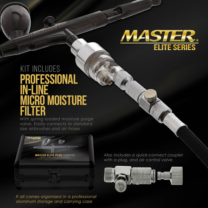 Master Elite Plus Airbrush Set - Elite Level Performance Dual-Action Gravity Feed Airbrush Kit with Case, 0.3mm Tip, 2 Cups, Filter - Auto, Art, Hobby