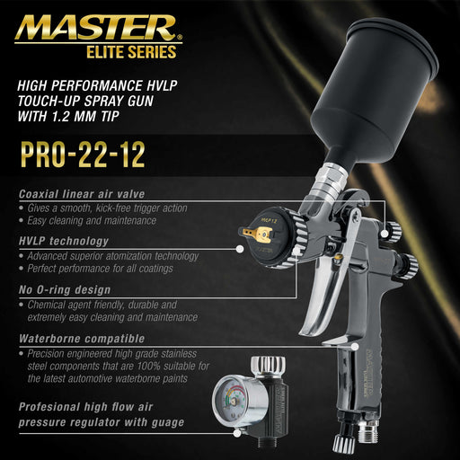 High-Performance PRO-22 Series HVLP Touch Up Spray Gun with 1.2mm Tip and Air Pressure Regulator Gauge - Detail Paint Sprayer, Panel Repairs