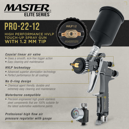 Performance PRO-22 HVLP Air Spray Paint Gun with 1.0mm Tip, 150ml Cup, Air Pressure Regulator Gauge - Air Paint Sprayer Gun for Cars, Painting Base & Clearcoats