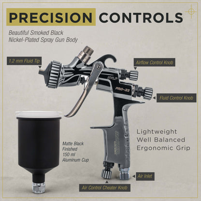 Performance PRO-22 HVLP Air Spray Paint Gun with 1.0mm Tip, 150ml Cup, Air Pressure Regulator Gauge - Air Paint Sprayer Gun for Cars, Painting Base & Clearcoats