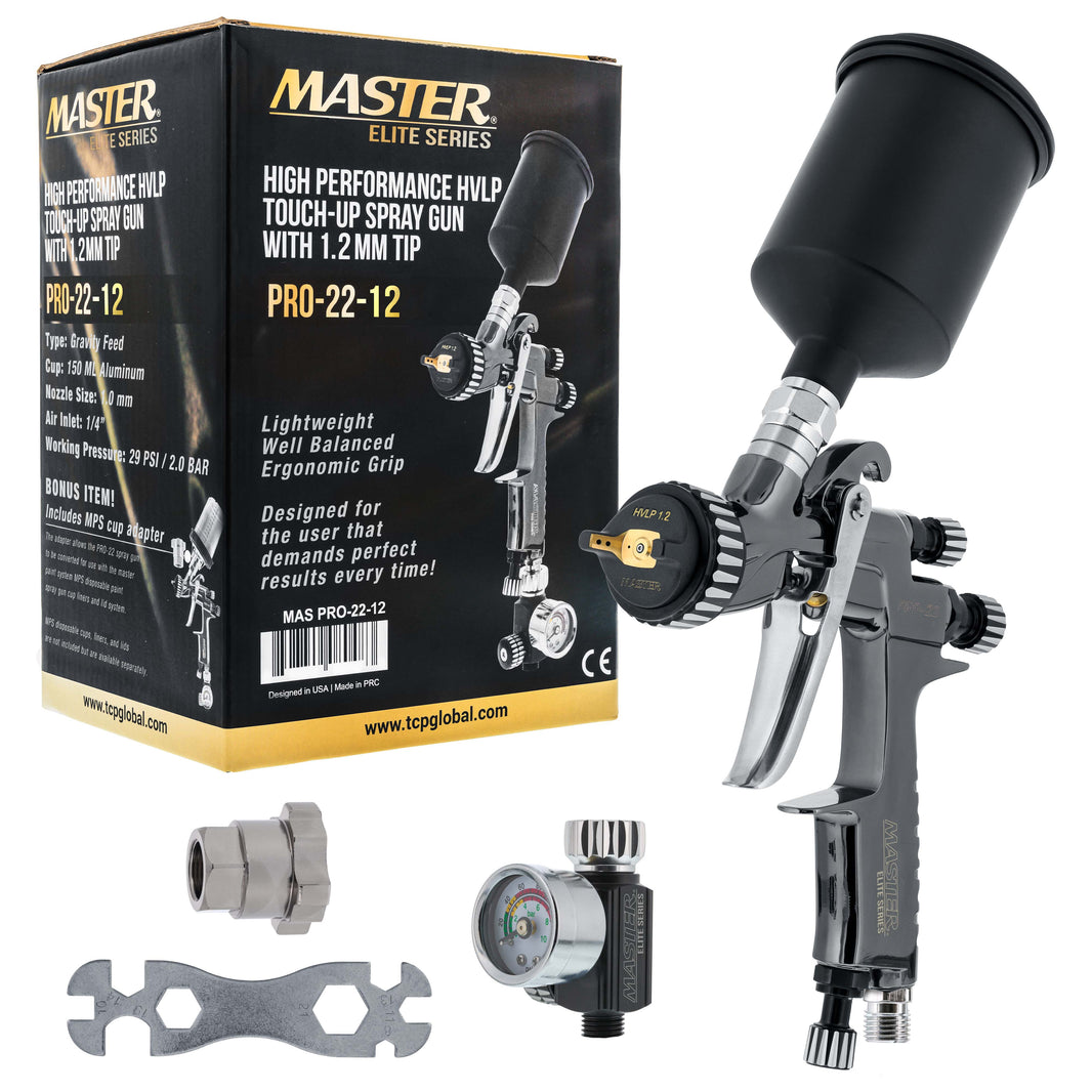 Performance PRO-22 HVLP Air Spray Paint Gun with 1.0mm Tip, 150ml Cup, Air Pressure Regulator Gauge - Air Paint Sprayer Gun for Cars, Painting Base & Clearcoats