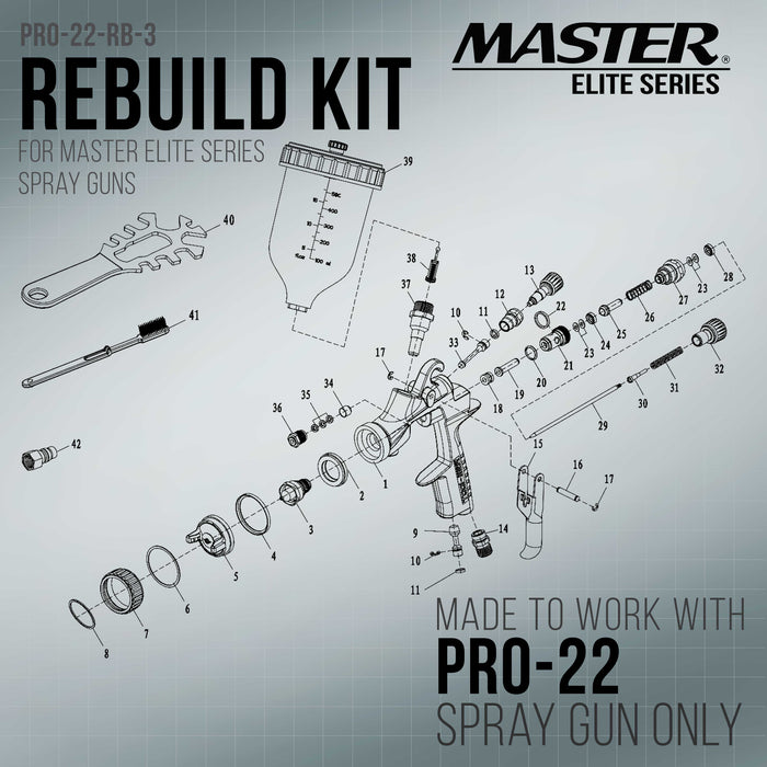 PRO-22 Series HVLP Spray Gun Airflow Control Assembly, Rebuild Kit #3 - Air Adjusting Knob, Rod and Seals - For PRO-22 HVLP Spray Guns