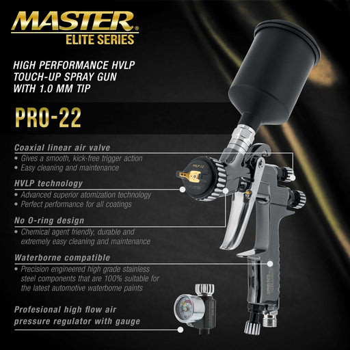 High-Performance PRO-22 Series HVLP Touch Up Spray Gun with 1.0mm Tip and Air Pressure Regulator Gauge - Detail Paint Sprayer, Spot and Panel Repairs