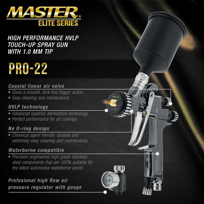 High-Performance PRO-22 Series HVLP Touch Up Spray Gun with 1.0mm Tip and Air Pressure Regulator Gauge - Detail Paint Sprayer, Spot and Panel Repairs