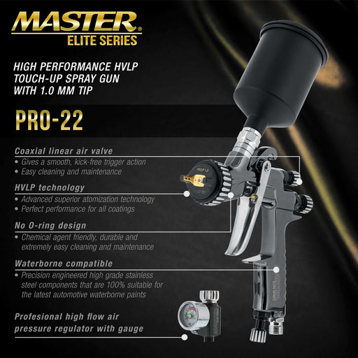PRO-22 HVLP Air Spray Paint Gun with 1.0mm Tip, 150ml Cup, Air Pressure Regulator Gauge - Air Paint Sprayer Gun for Cars, Painting Base & Clearcoats
