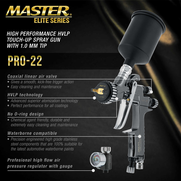 PRO-22 HVLP Air Spray Paint Gun with 1.0mm Tip, 150ml Cup, Air Pressure Regulator Gauge - Air Paint Sprayer Gun for Cars, Painting Base & Clearcoats