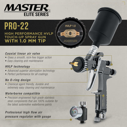 PRO-22 HVLP Air Spray Paint Gun with 1.0mm Tip, 150ml Cup, Air Pressure Regulator Gauge - Air Paint Sprayer Gun for Cars, Painting Base & Clearcoats