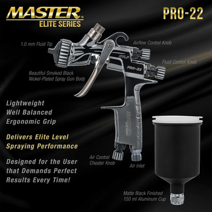 PRO-22 HVLP Air Spray Paint Gun with 1.0mm Tip, 150ml Cup, Air Pressure Regulator Gauge - Air Paint Sprayer Gun for Cars, Painting Base & Clearcoats