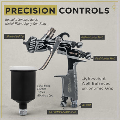 PRO-22 HVLP Air Spray Paint Gun with 1.0mm Tip, 150ml Cup, Air Pressure Regulator Gauge - Air Paint Sprayer Gun for Cars, Painting Base & Clearcoats