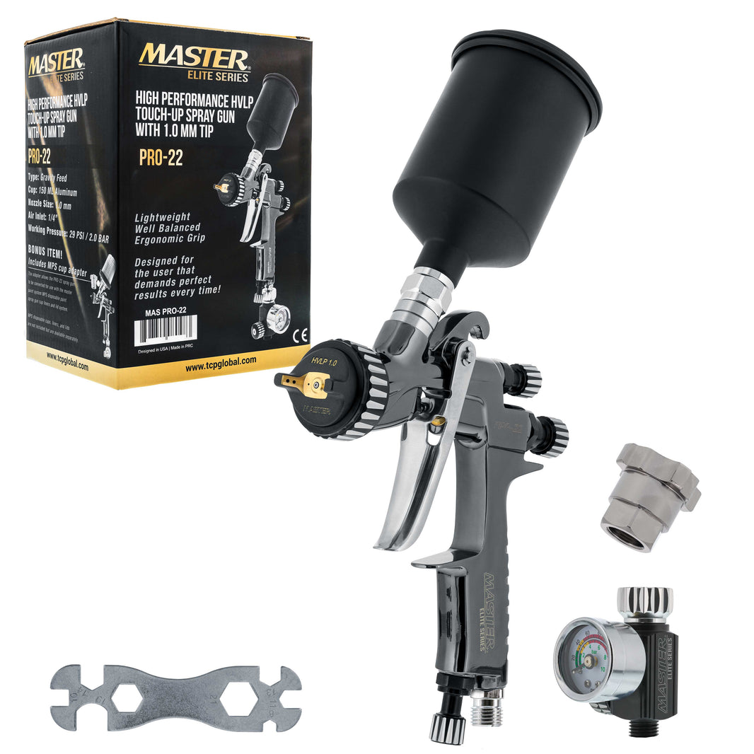 PRO-22 HVLP Air Spray Paint Gun with 1.0mm Tip, 150ml Cup, Air Pressure Regulator Gauge - Air Paint Sprayer Gun for Cars, Painting Base & Clearcoats