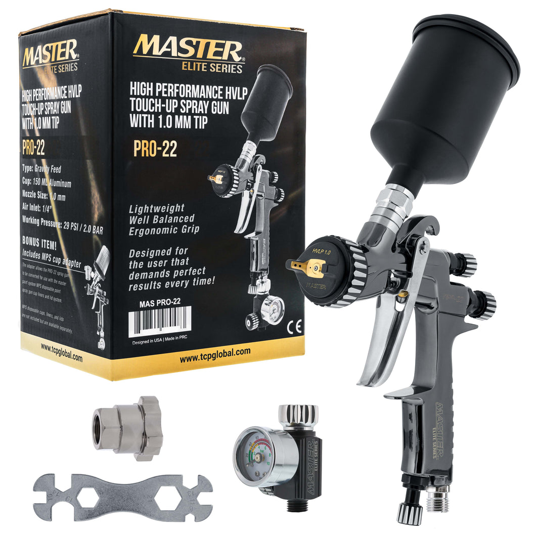 PRO-22 HVLP Air Spray Paint Gun with 1.0mm Tip, 150ml Cup, Air Pressure Regulator Gauge - Air Paint Sprayer Gun for Cars, Painting Base & Clearcoats