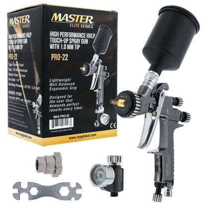 PRO-22 HVLP Air Spray Paint Gun with 1.0mm Tip, 150ml Cup, Air Pressure Regulator Gauge - Air Paint Sprayer Gun for Cars, Painting Base & Clearcoats