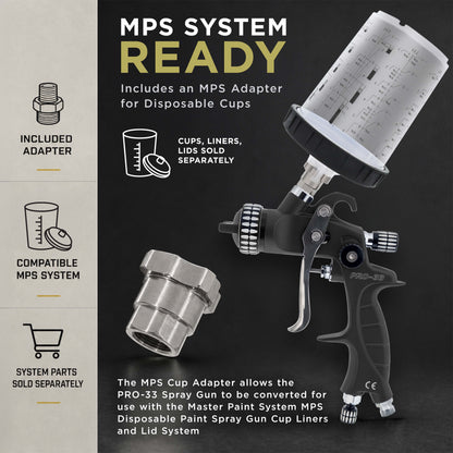 High Performance PRO-33 HVLP Paint Sprayer Gun with 1.3mm Tip, 1L Cup, Regulator Gauge, MPS Adapter