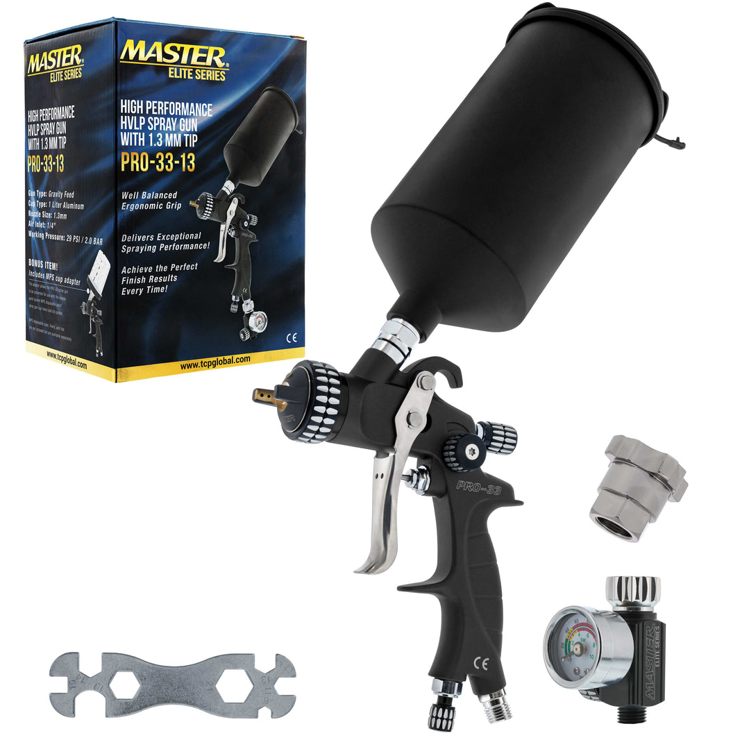High Performance PRO-33 HVLP Paint Sprayer Gun with 1.3mm Tip, 1L Cup, Regulator Gauge, MPS Adapter