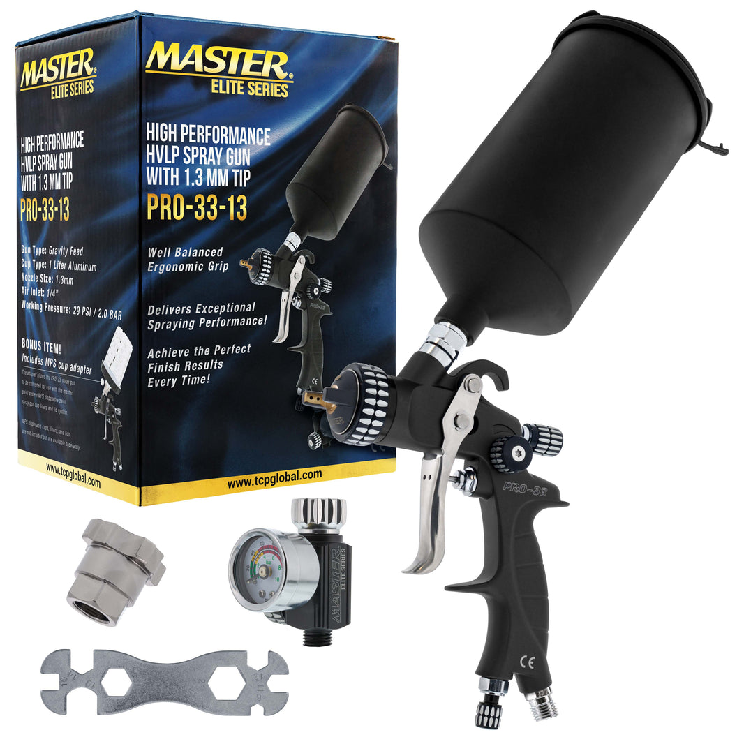 High Performance PRO-33 HVLP Paint Sprayer Gun with 1.3mm Tip, 1L Cup, Regulator Gauge, MPS Adapter