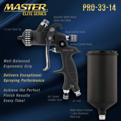 High Performance PRO-33 HVLP Paint Sprayer Gun with 1.4mm Tip, 1L Cup, Regulator Gauge, MPS Adapter
