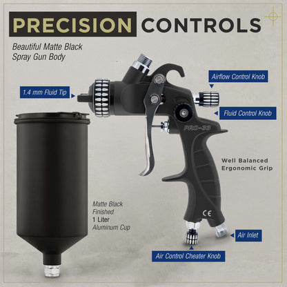 High Performance PRO-33 HVLP Paint Sprayer Gun with 1.4mm Tip, 1L Cup, Regulator Gauge, MPS Adapter