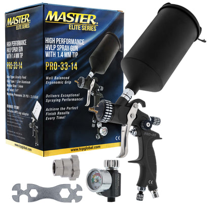 High Performance PRO-33 HVLP Paint Sprayer Gun with 1.4mm Tip, 1L Cup, Regulator Gauge, MPS Adapter
