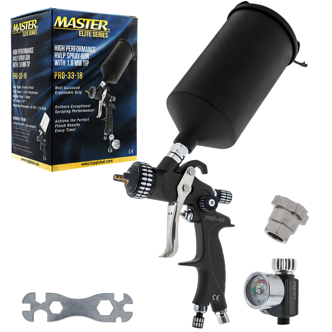 High Performance PRO-33 HVLP Paint Sprayer Gun with 1.8mm Tip, 1L Cup, Regulator Gauge, MPS Adapter