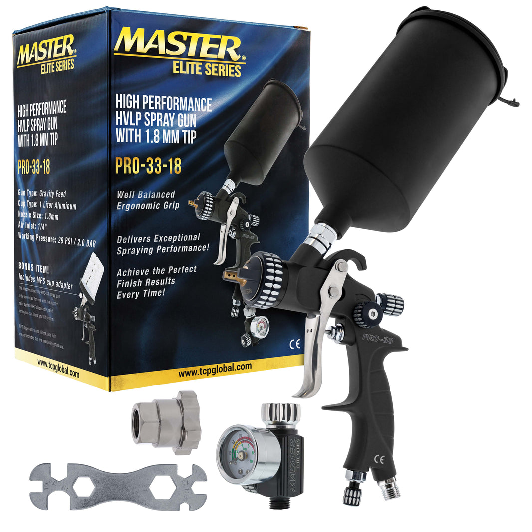 High Performance PRO-33 HVLP Paint Sprayer Gun with 1.8mm Tip, 1L Cup, Regulator Gauge, MPS Adapter