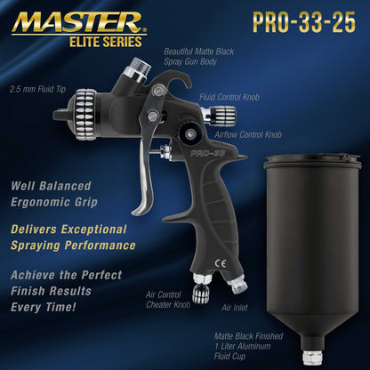 High Performance PRO-33 HVLP Paint Sprayer Gun with 2.5mm Tip, 1L Cup, Regulator Gauge, MPS Adapter