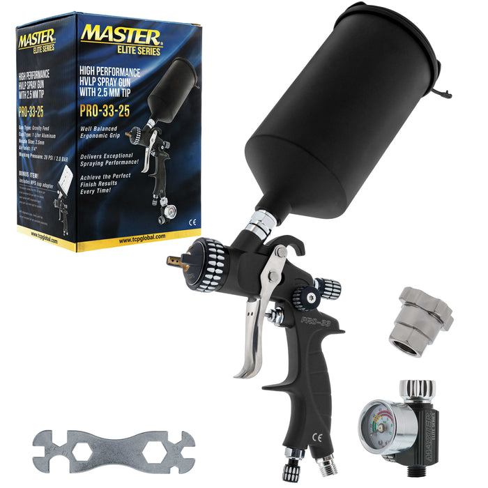 High Performance PRO-33 HVLP Paint Sprayer Gun with 2.5mm Tip, 1L Cup, Regulator Gauge, MPS Adapter - Automotive Spray Paint Gun for Automotive