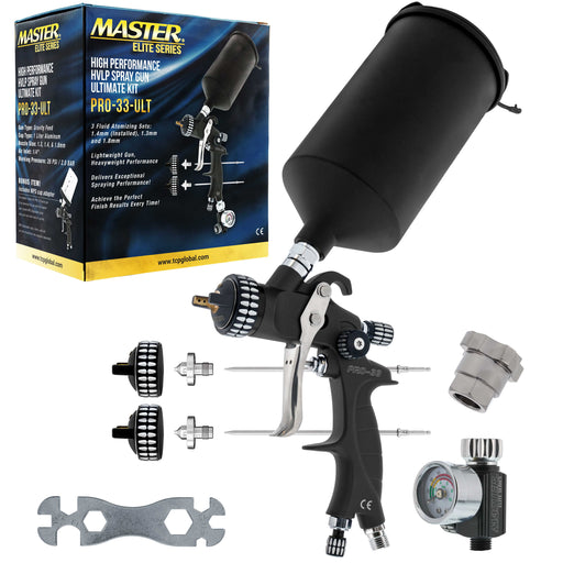 High-Performance PRO-33 Series HVLP Spray Gun Ultimate Kit with 3 Fluid Tip Sets 1.3, 1.4 & 1.8mm and Air Pressure Regulator Gauge, MPS Cup Adapter