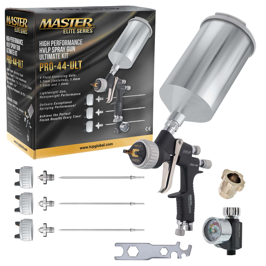Performance PRO-44 HVLP Spray Gun Ultimate Kit with 4 Fluid Tips 1.3, 1.4, 1.5 & 1.8mm - Automotive Spray Paint Gun for Painting Basecoats