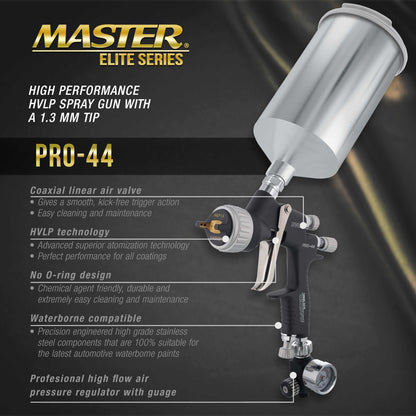 PRO-44 HVLP Spray Gun with 1.3mm Tip, Air Pressure Regulator Gauge and 1L Cup - Automotive Spray Paint Gun for Painting Basecoats & Clearcoats