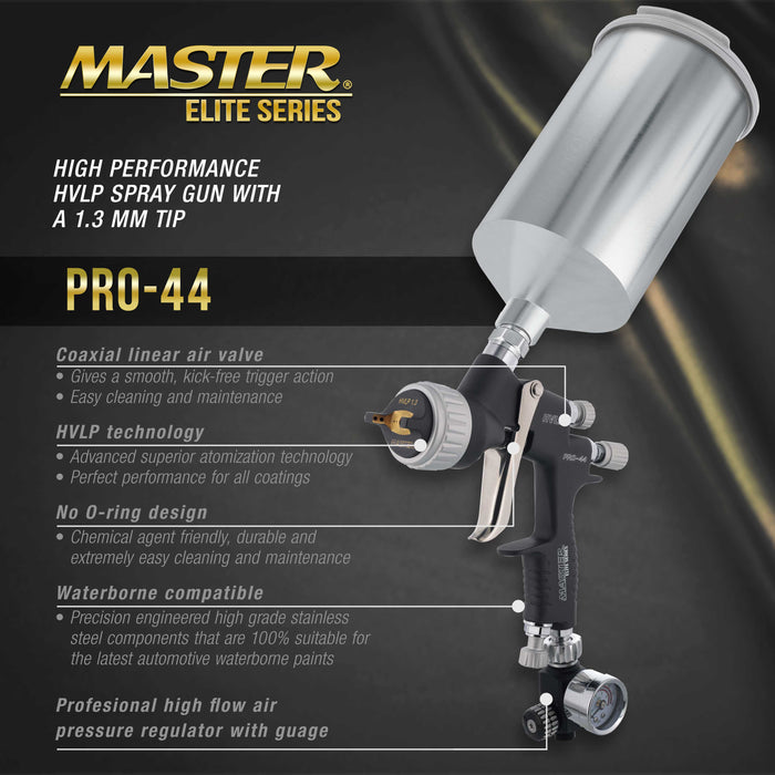 High Performance PRO-44 Series HVLP Spray Gun with 1.3mm Tip with Air Pressure Regulator Gauge - Automotive Basecoats, Clearcoats,Advanced Atomization
