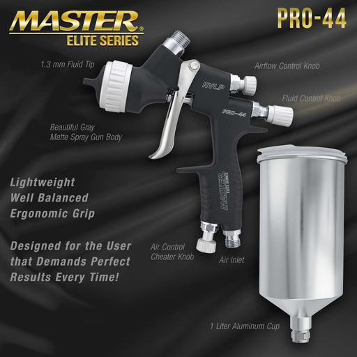 High Performance PRO-44 Series HVLP Spray Gun with 1.3mm Tip with Air Pressure Regulator Gauge - Automotive Basecoats, Clearcoats,Advanced Atomization