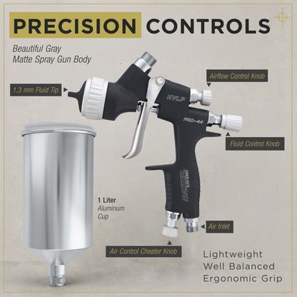 PRO-44 HVLP Spray Gun with 1.3mm Tip, Air Pressure Regulator Gauge and 1L Cup - Automotive Spray Paint Gun for Painting Basecoats & Clearcoats