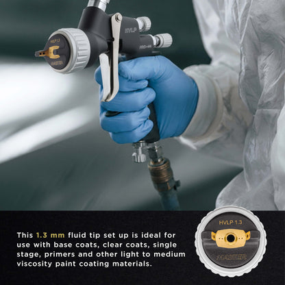 PRO-44 HVLP Spray Gun with 1.3mm Tip, Air Pressure Regulator Gauge and 1L Cup - Automotive Spray Paint Gun for Painting Basecoats & Clearcoats