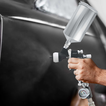 PRO-44 HVLP Spray Gun with 1.3mm Tip, Air Pressure Regulator Gauge and 1L Cup - Automotive Spray Paint Gun for Painting Basecoats & Clearcoats