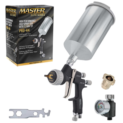 PRO-44 HVLP Spray Gun with 1.3mm Tip, Air Pressure Regulator Gauge and 1L Cup - Automotive Spray Paint Gun for Painting Basecoats & Clearcoats