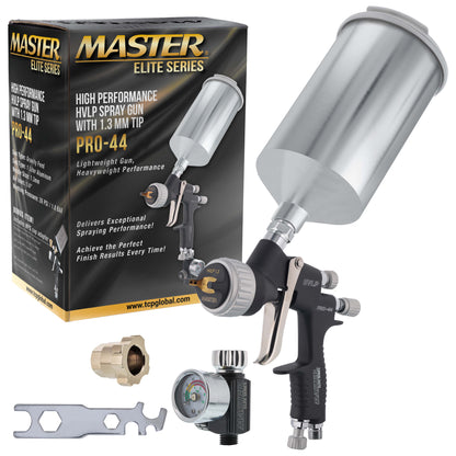 PRO-44 HVLP Spray Gun with 1.3mm Tip, Air Pressure Regulator Gauge and 1L Cup - Automotive Spray Paint Gun for Painting Basecoats & Clearcoats