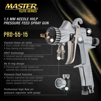 PRO-55 HVLP Automotive Spray Paint Gun with 1.5mm Tip - Pressure Feed Spray Gun for Painting Car Basecoats, Clearcoats, Industrial Coatings & Woodworking Coatings - Superior Atomization